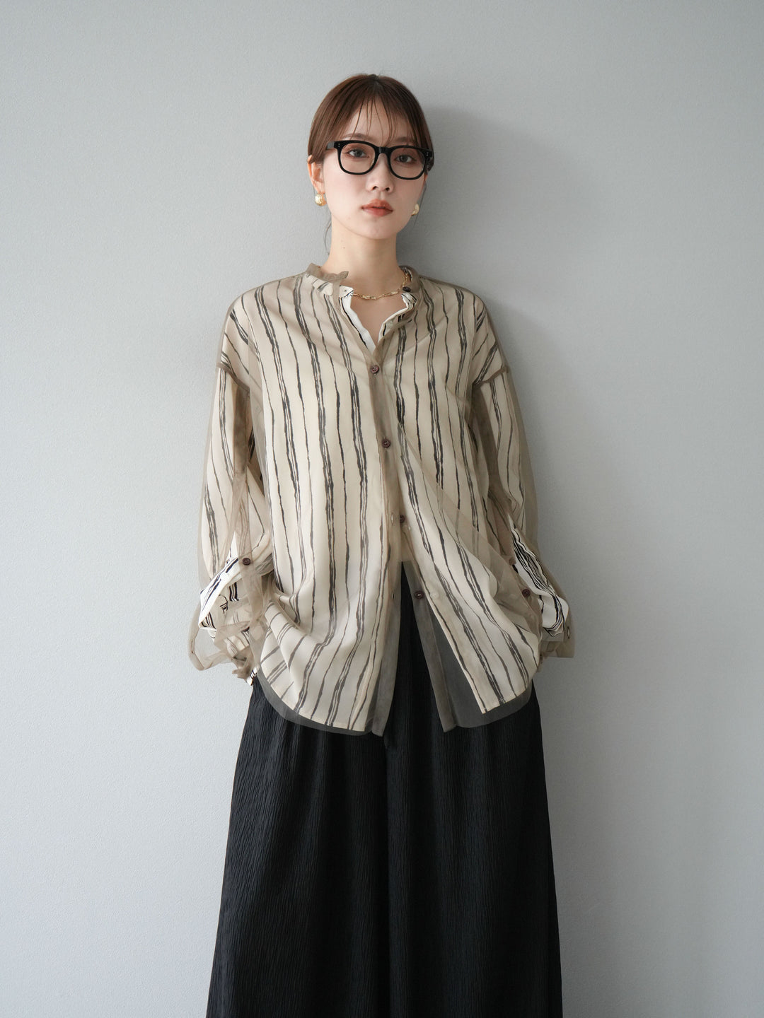 [予約]ペンタッチストライプ2WAYスリーブバンドカラーシャツ/アイボリー