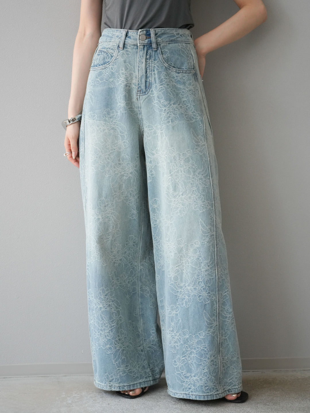 【預購】花提花牛仔寬褲/藍