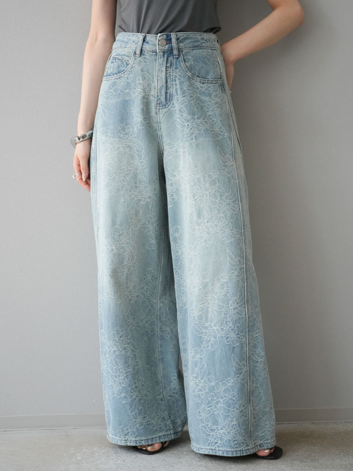 【預購】花提花牛仔寬褲/藍