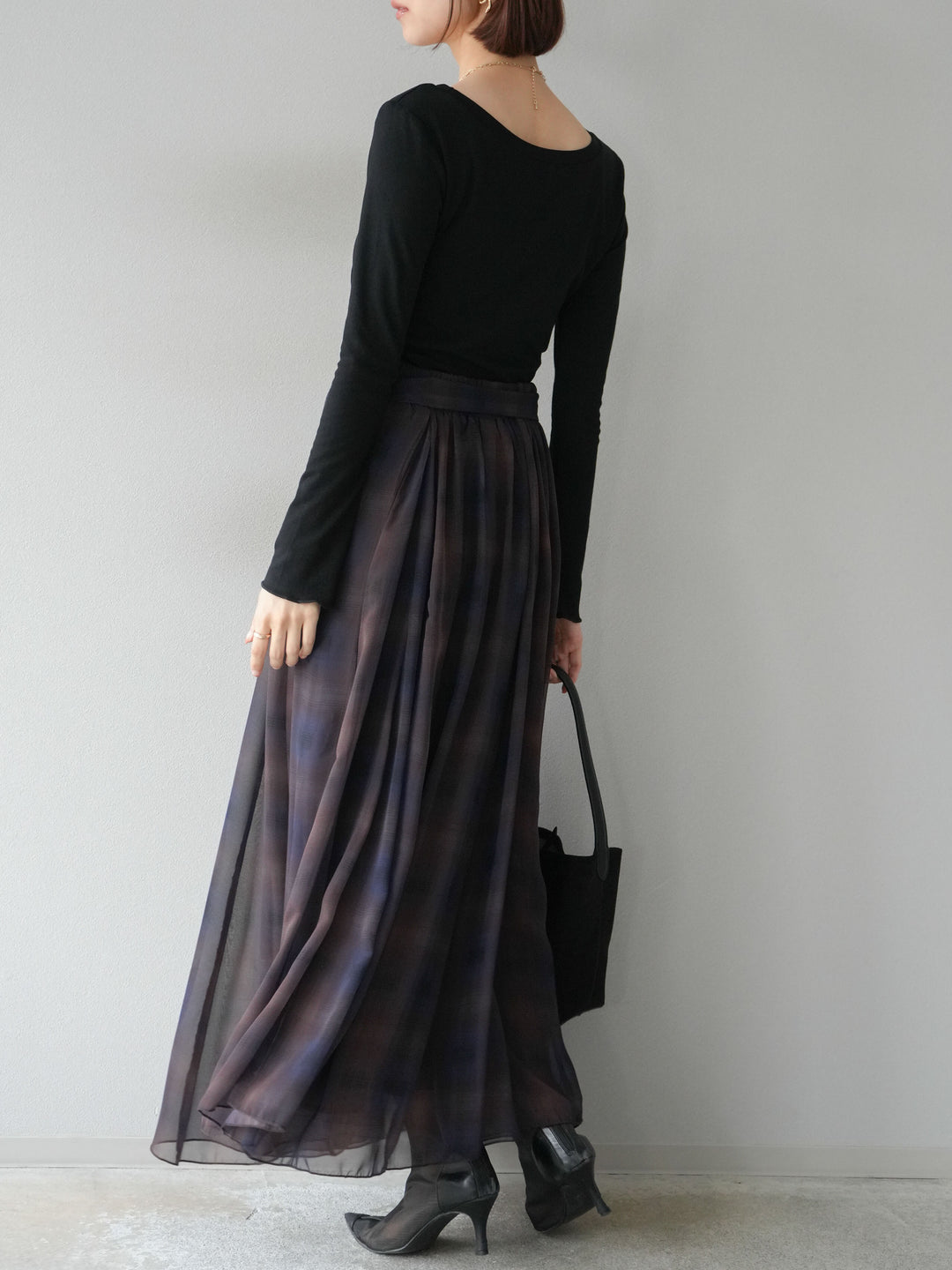 [予約]カットソー付シアーチェックフレアタックスカート/ブラック