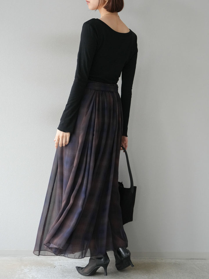 [予約]カットソー付シアーチェックフレアタックスカート/ブラック