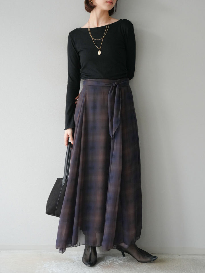 [予約]カットソー付シアーチェックフレアタックスカート/ブラック