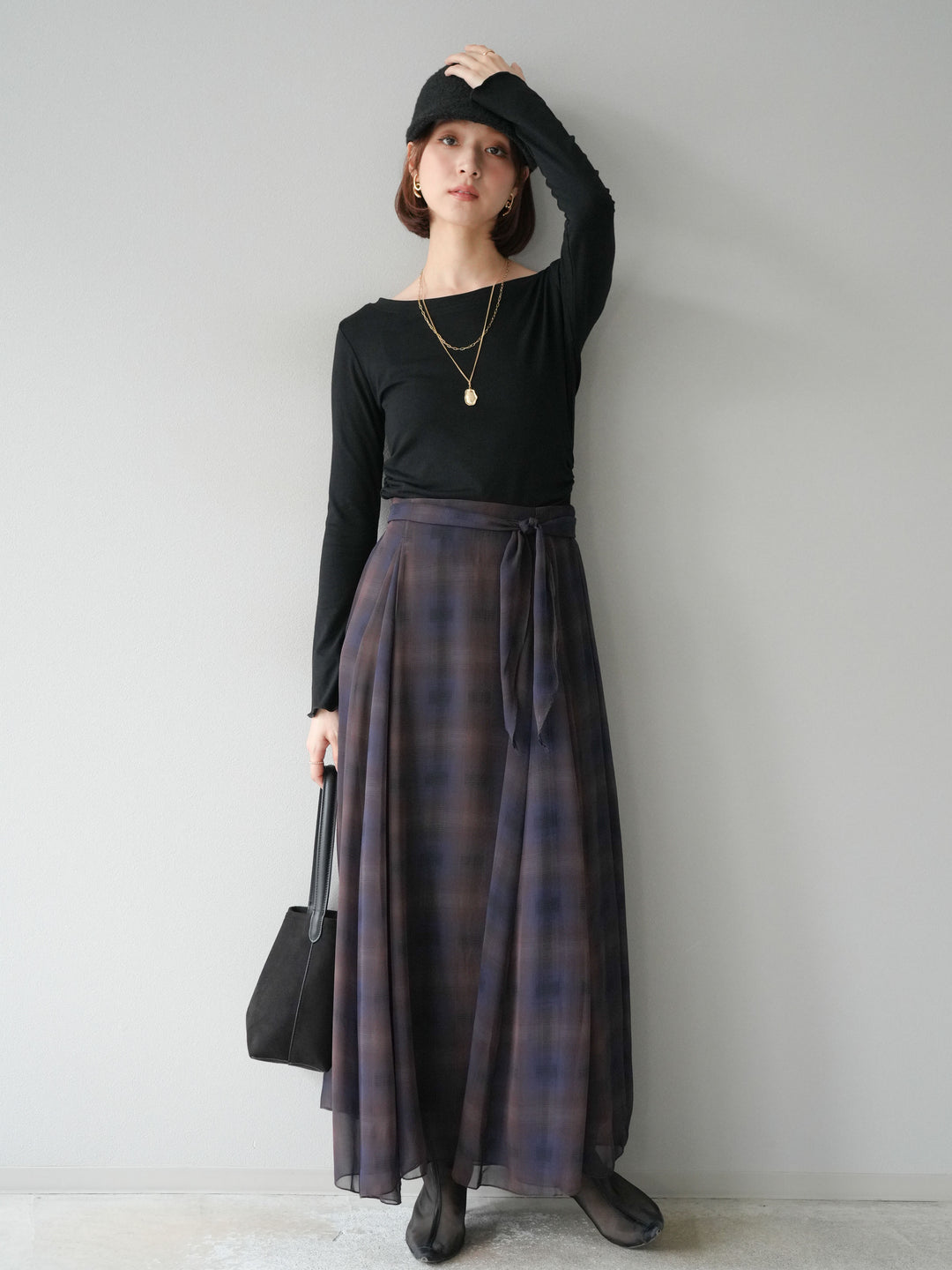 [予約]カットソー付シアーチェックフレアタックスカート/ブラック