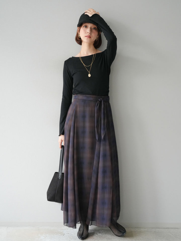 [予約]カットソー付シアーチェックフレアタックスカート/ブラック