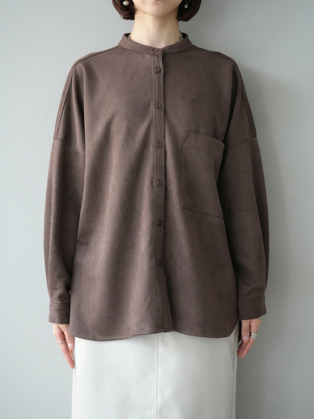 [予約]スエードバンドカラーオーバーシャツ/ダークブラウン