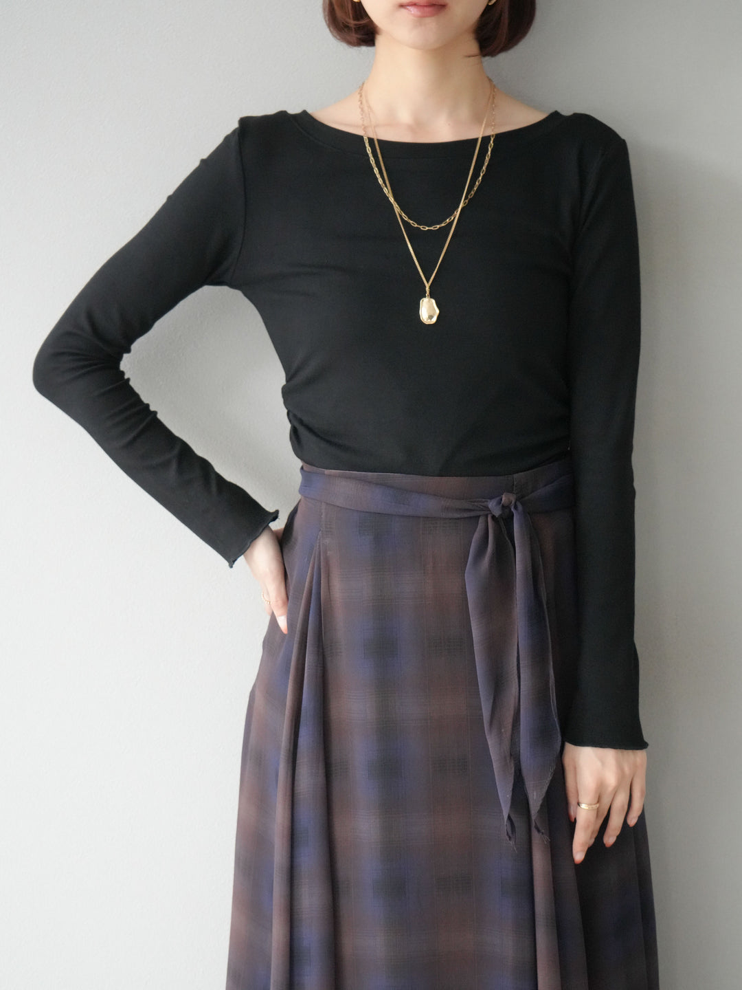 [予約]カットソー付シアーチェックフレアタックスカート/ブラック