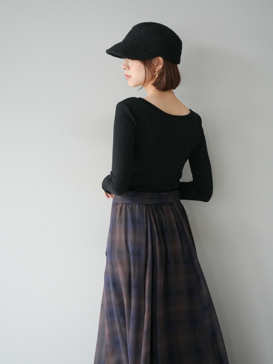 [予約]カットソー付シアーチェックフレアタックスカート/ブラック