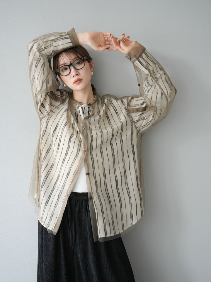 [予約]ペンタッチストライプ2WAYスリーブバンドカラーシャツ/アイボリー