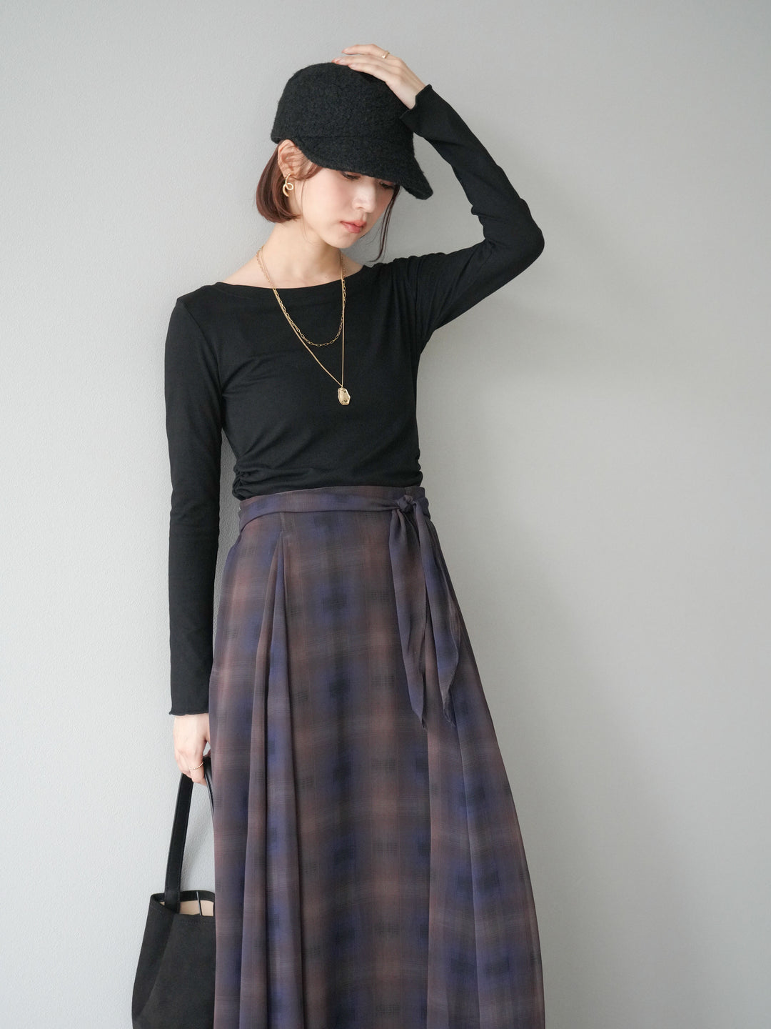[予約]カットソー付シアーチェックフレアタックスカート/ブラック