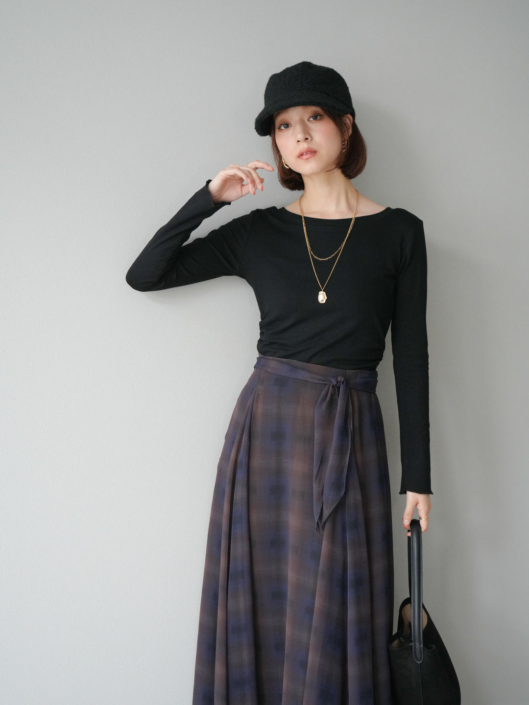[予約]カットソー付シアーチェックフレアタックスカート/ブラック