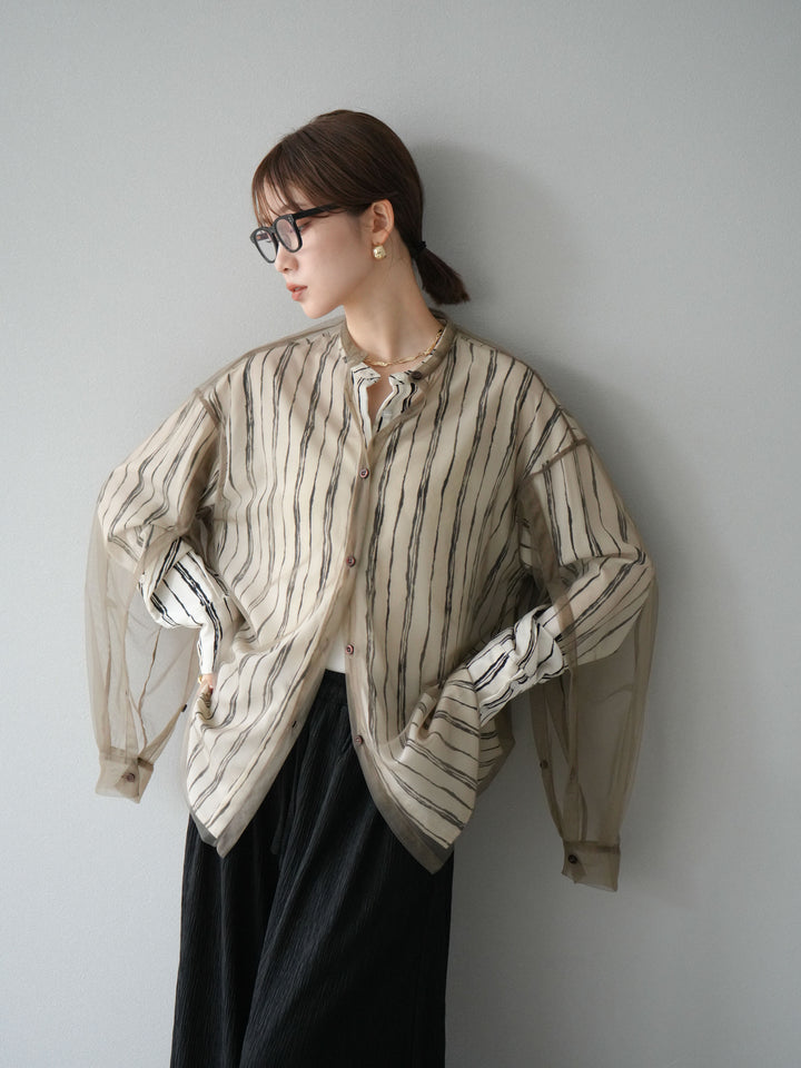 [予約]ペンタッチストライプ2WAYスリーブバンドカラーシャツ/アイボリー
