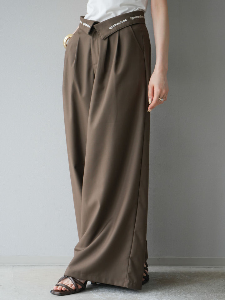 【預購】寬褲，捲腰，附logo褶/褐色