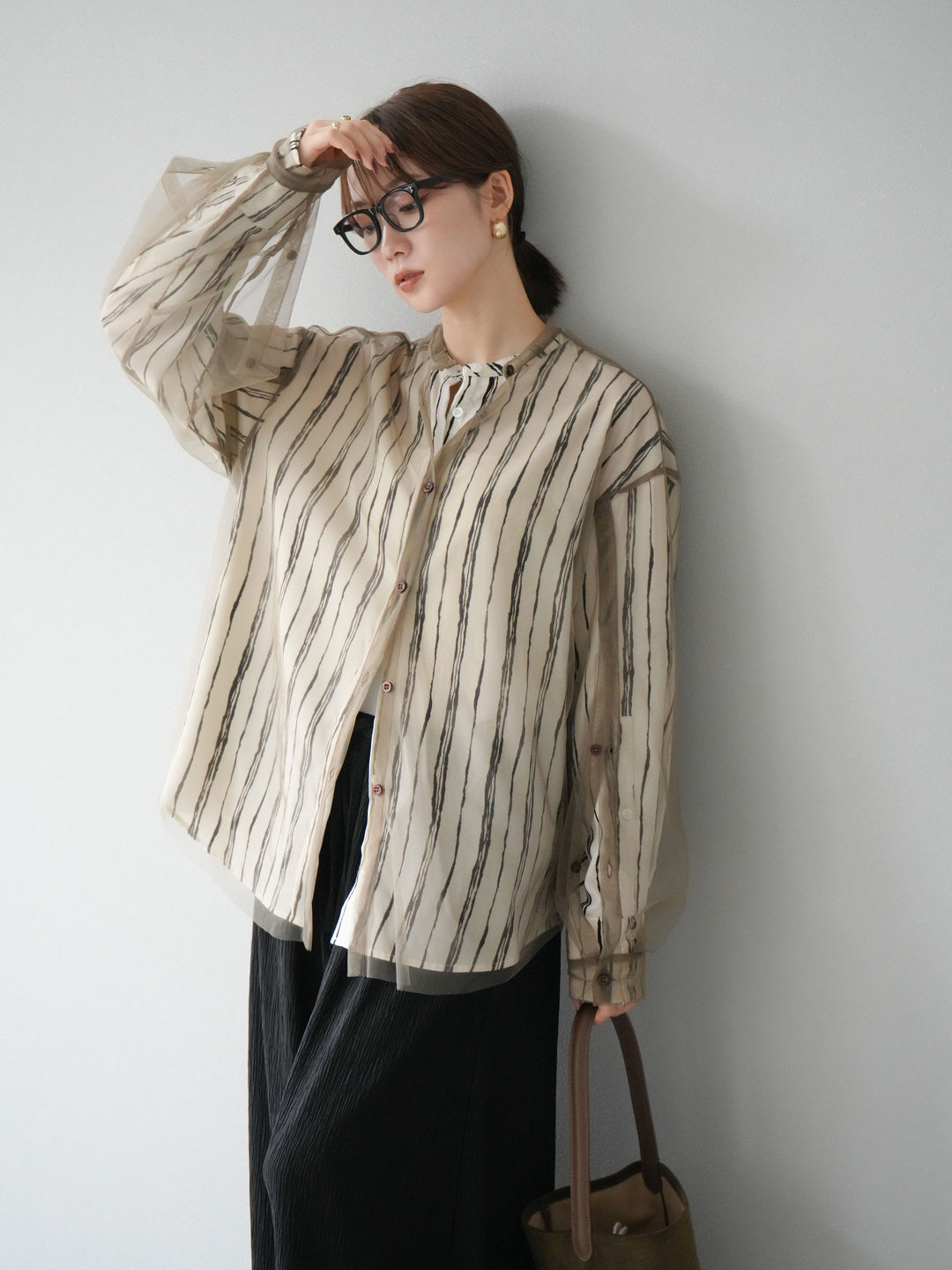 [予約]ペンタッチストライプ2WAYスリーブバンドカラーシャツ/アイボリー