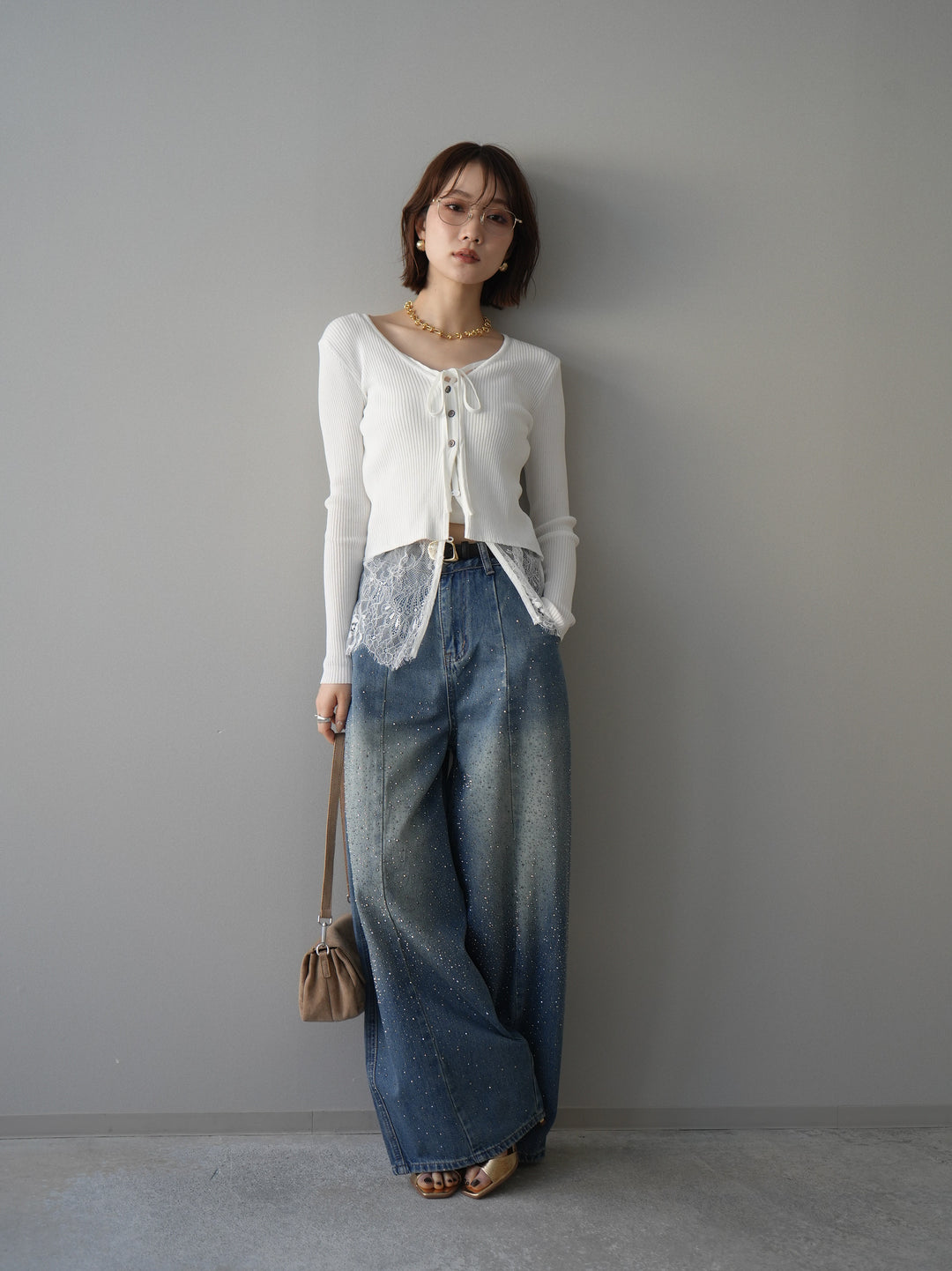 [予約]フロントリボン裾レースリブニットトップス/off