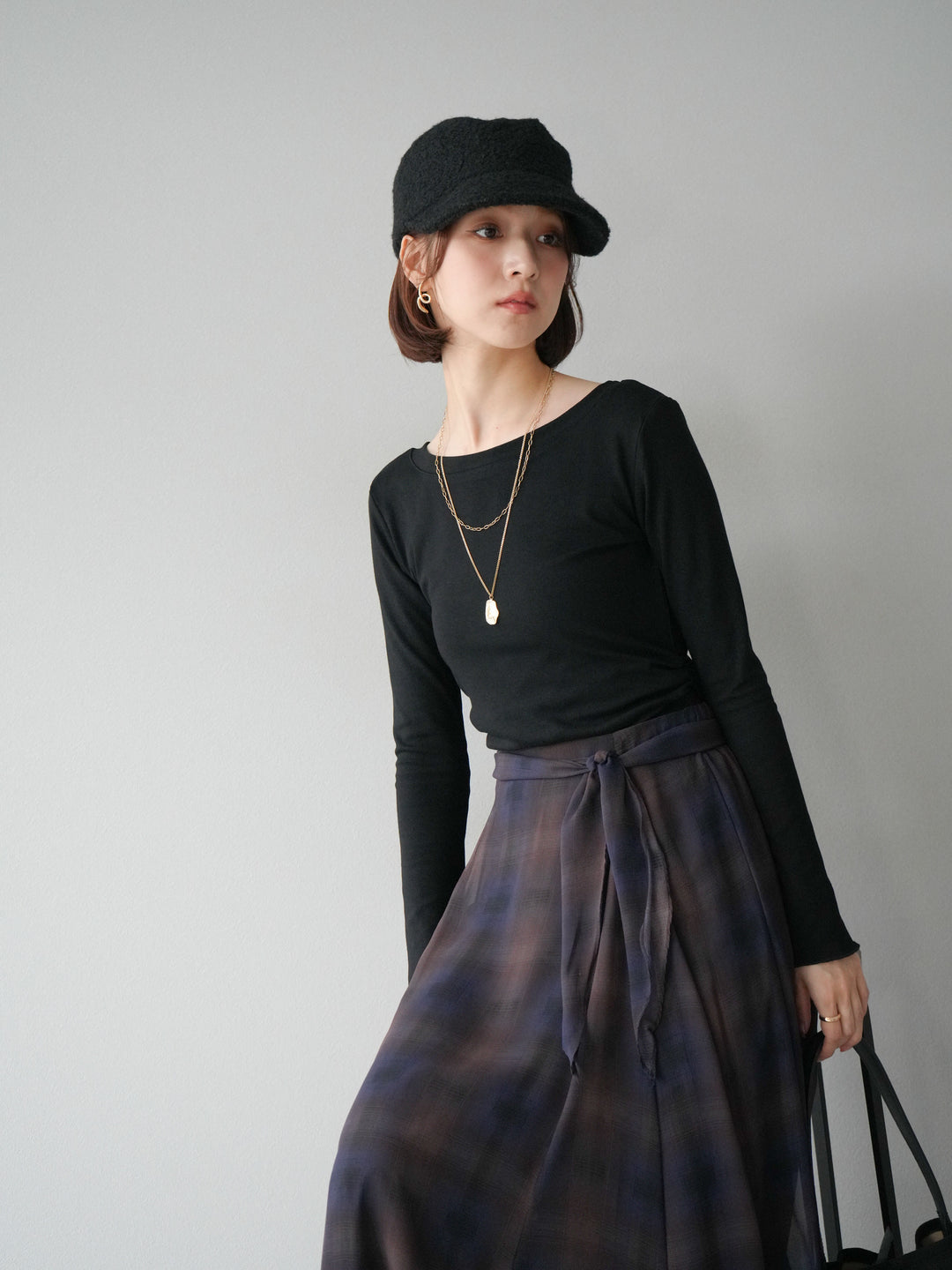 [予約]カットソー付シアーチェックフレアタックスカート/ブラック