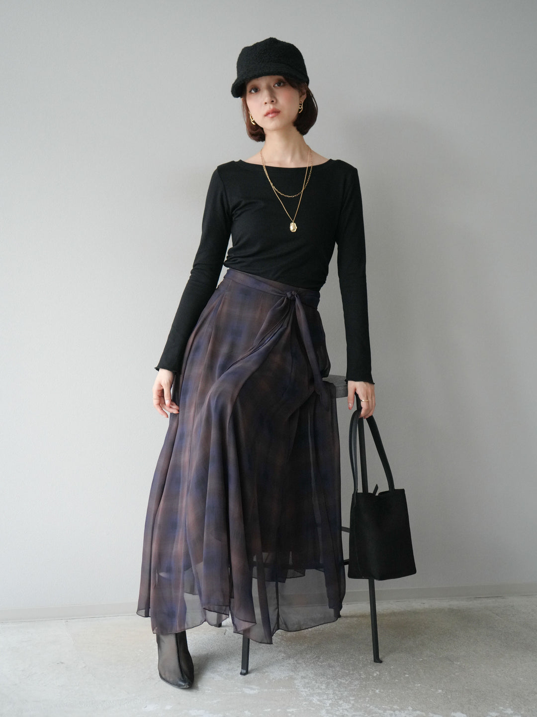 [予約]カットソー付シアーチェックフレアタックスカート/ブラック