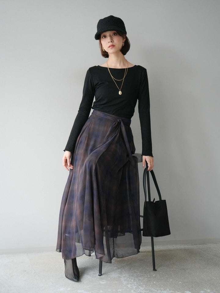 [予約]カットソー付シアーチェックフレアタックスカート/ブラック