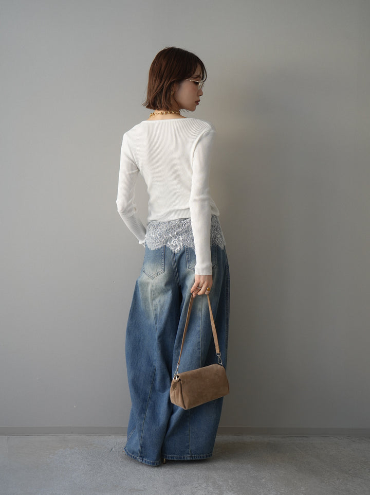 [SET]フロントリボン裾レースリブニットトップス+フロントビジューカーブデニムパンツ(2set)