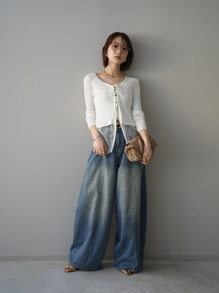 [SET]フロントリボン裾レースリブニットトップス+フロントビジューカーブデニムパンツ(2set)