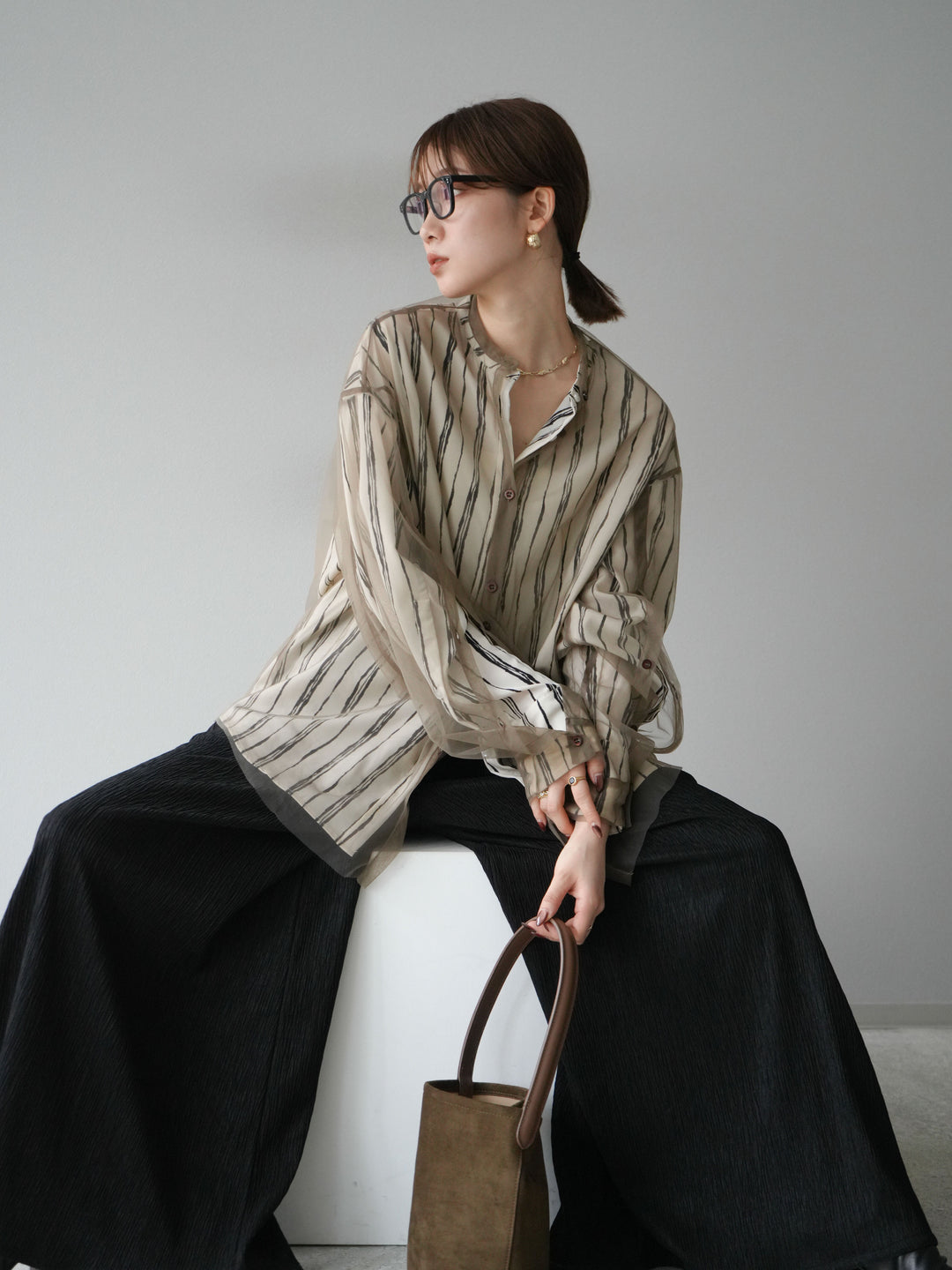 [予約]ペンタッチストライプ2WAYスリーブバンドカラーシャツ/アイボリー