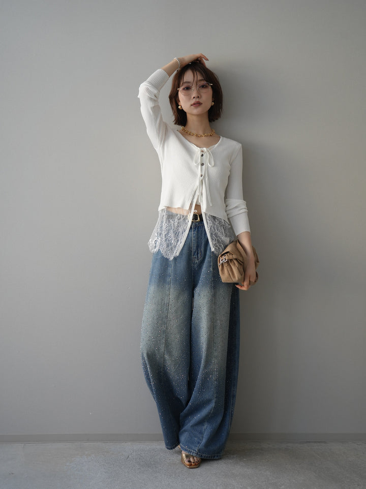 [SET]フロントリボン裾レースリブニットトップス+フロントビジューカーブデニムパンツ(2set)