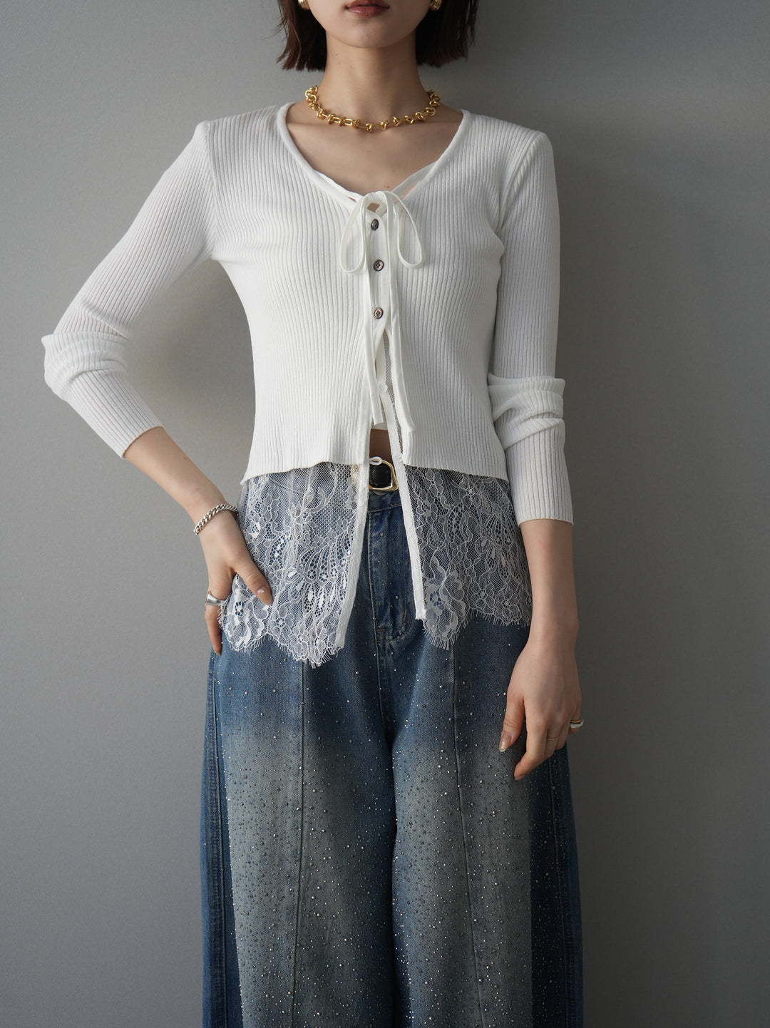 [SET]フロントリボン裾レースリブニットトップス+選べるアクセセット(2set)