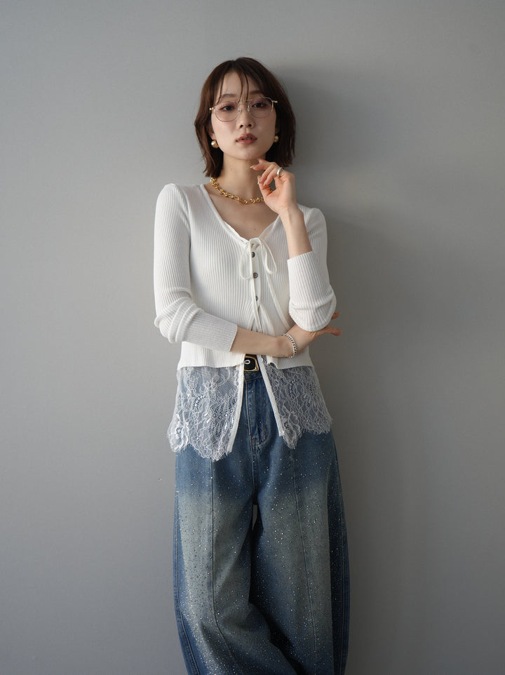 [予約]フロントリボン裾レースリブニットトップス/off