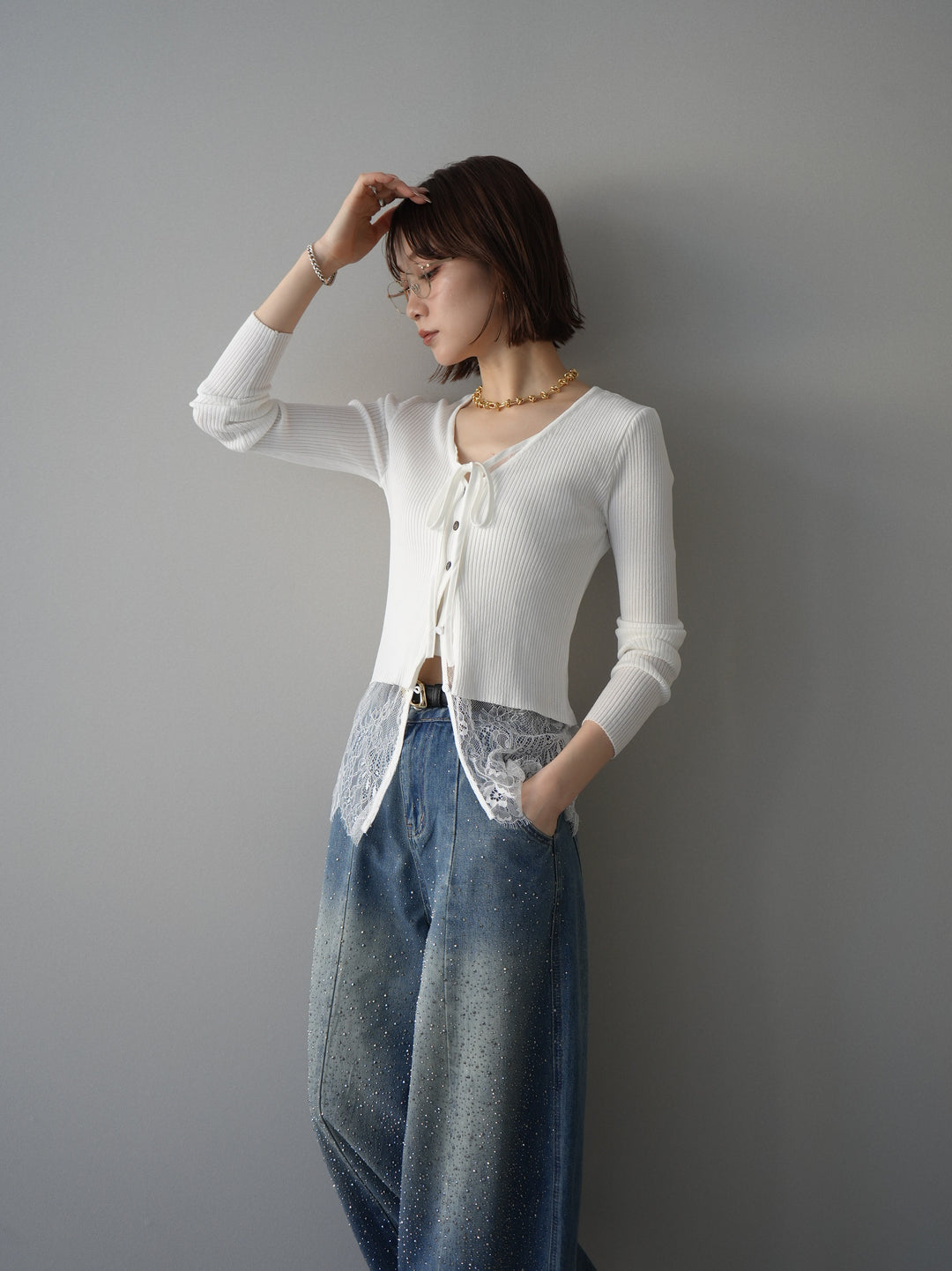[予約]フロントリボン裾レースリブニットトップス/off