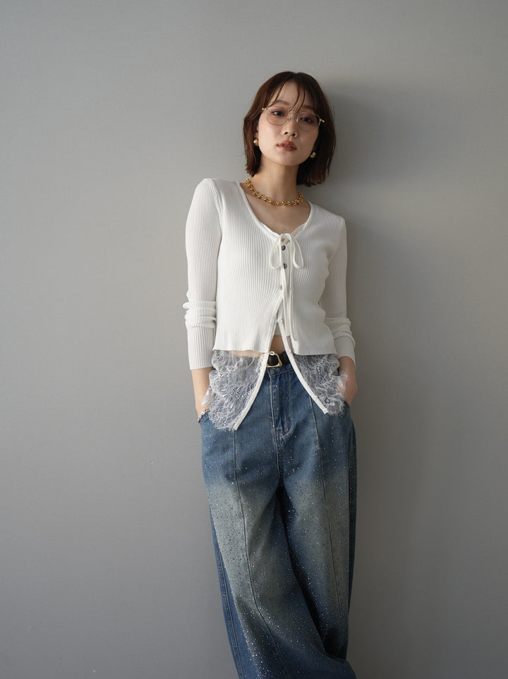 [予約]フロントリボン裾レースリブニットトップス/off