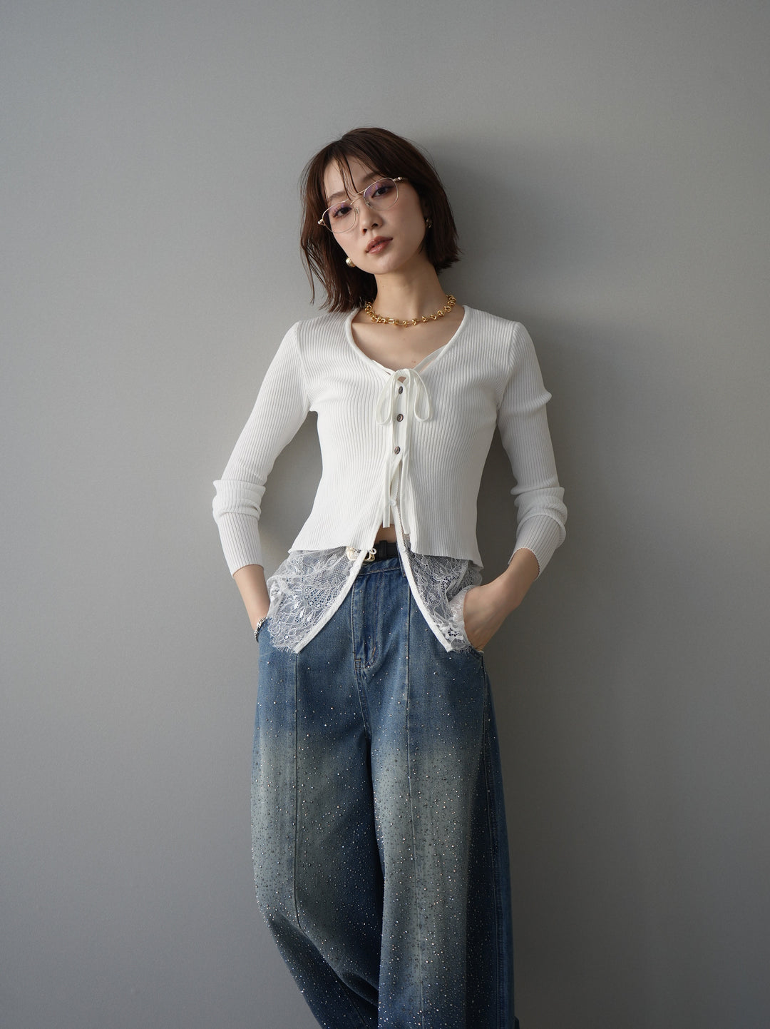 [予約]フロントリボン裾レースリブニットトップス/off