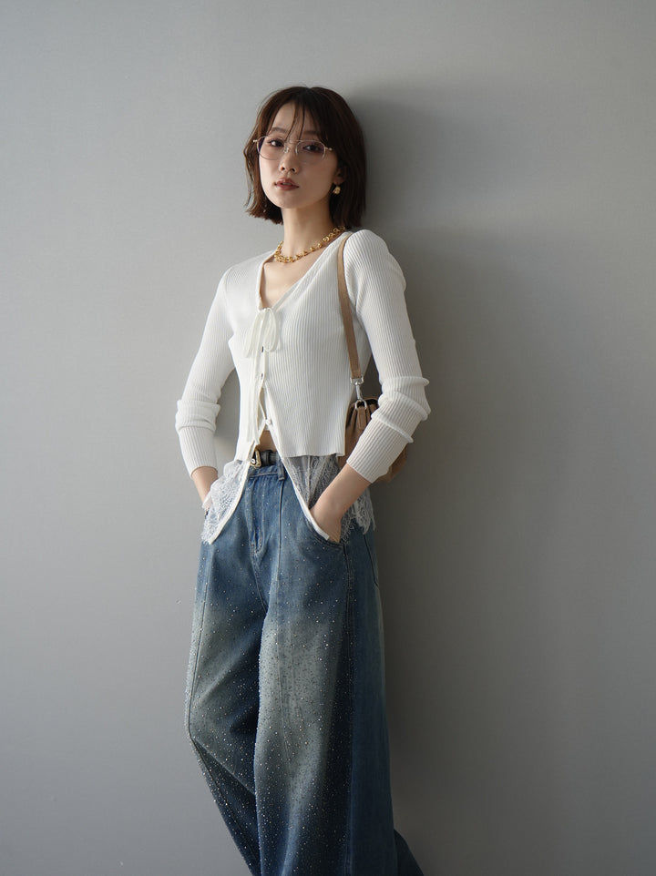 [SET]フロントリボン裾レースリブニットトップス+フロントビジューカーブデニムパンツ(2set)