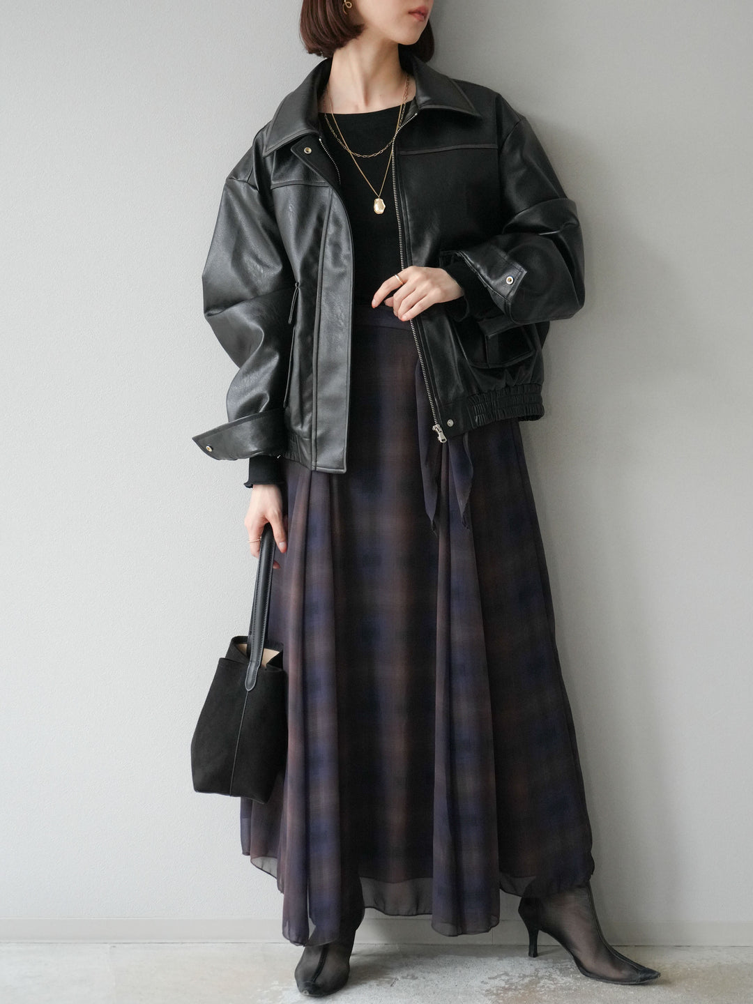 [予約]カットソー付シアーチェックフレアタックスカート/ブラック