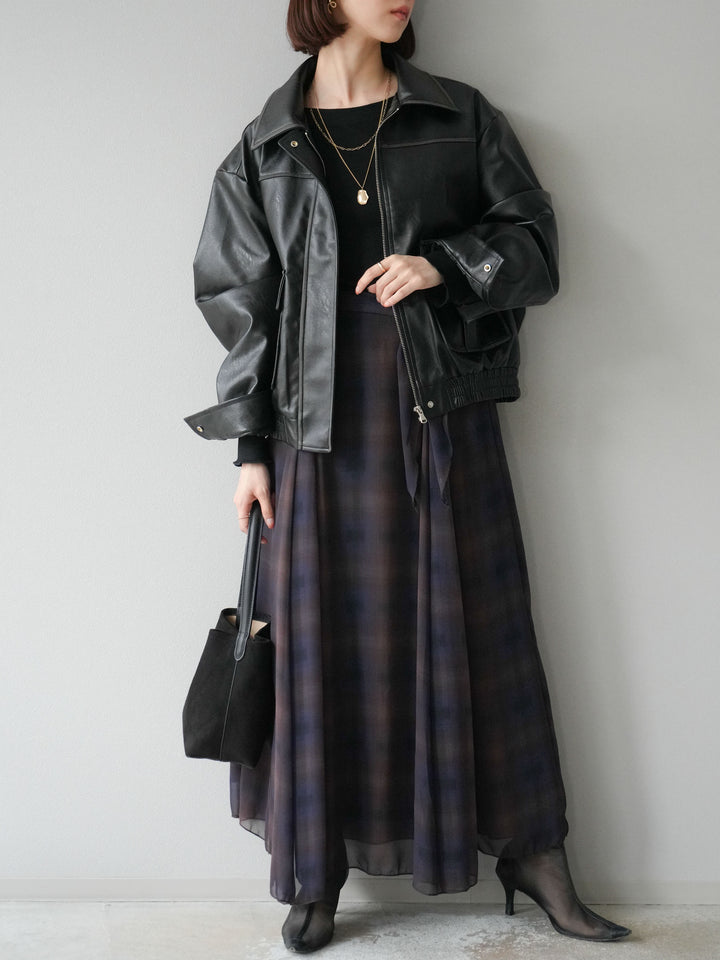 [予約]カットソー付シアーチェックフレアタックスカート/ブラック