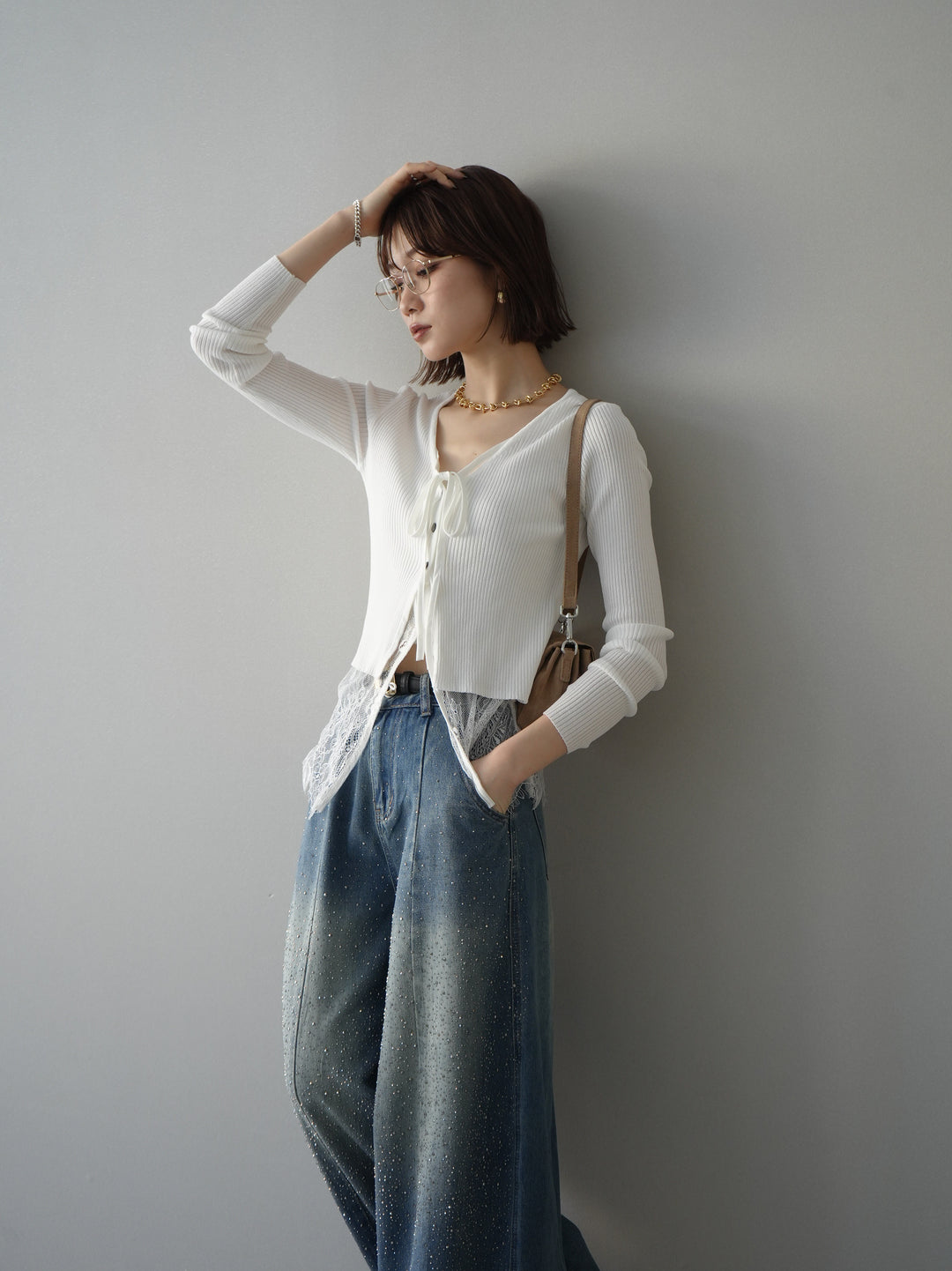 [SET]フロントリボン裾レースリブニットトップス+選べるアクセセット(2set)