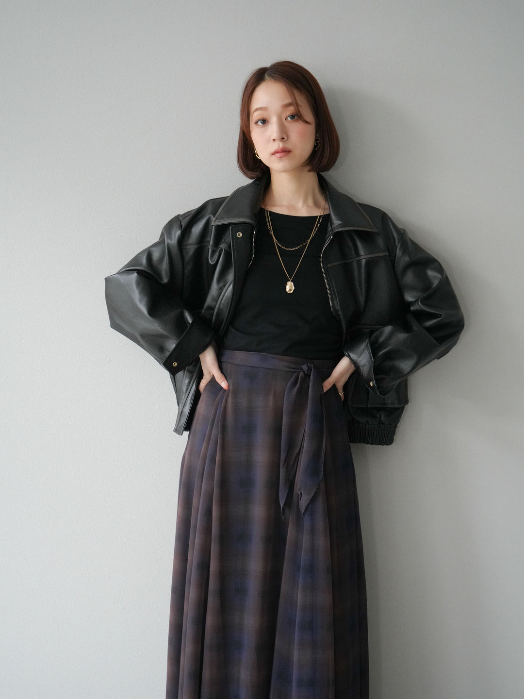 [予約]カットソー付シアーチェックフレアタックスカート/ブラック