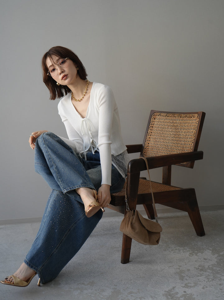 [予約]フロントリボン裾レースリブニットトップス/off