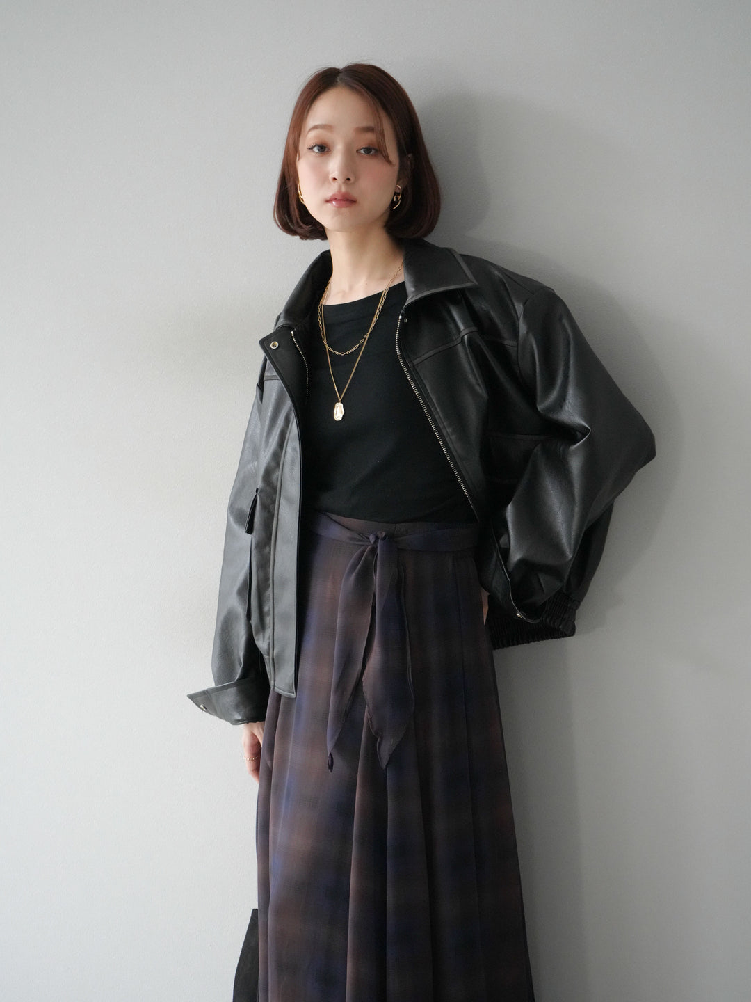 [予約]カットソー付シアーチェックフレアタックスカート/ブラック