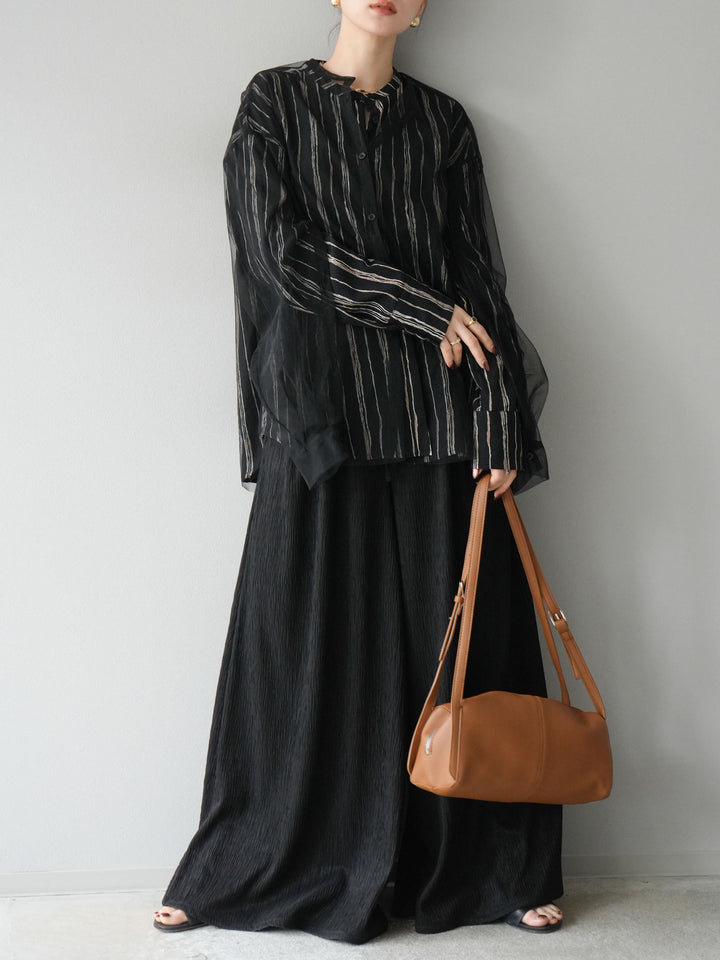 [予約]ペンタッチストライプ2WAYスリーブバンドカラーシャツ/ブラック