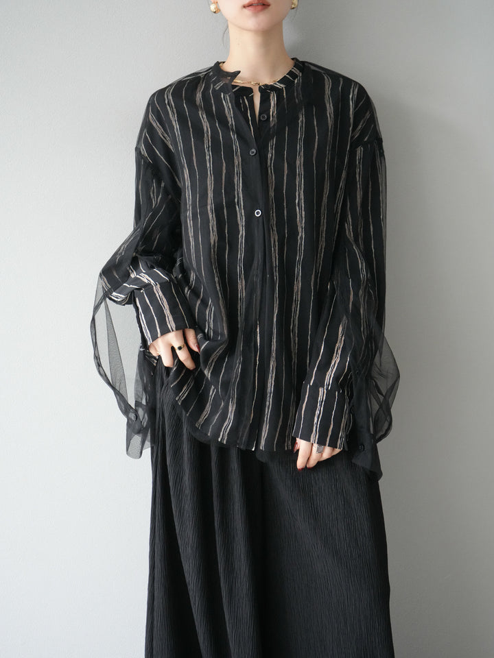 [予約]ペンタッチストライプ2WAYスリーブバンドカラーシャツ/ブラック