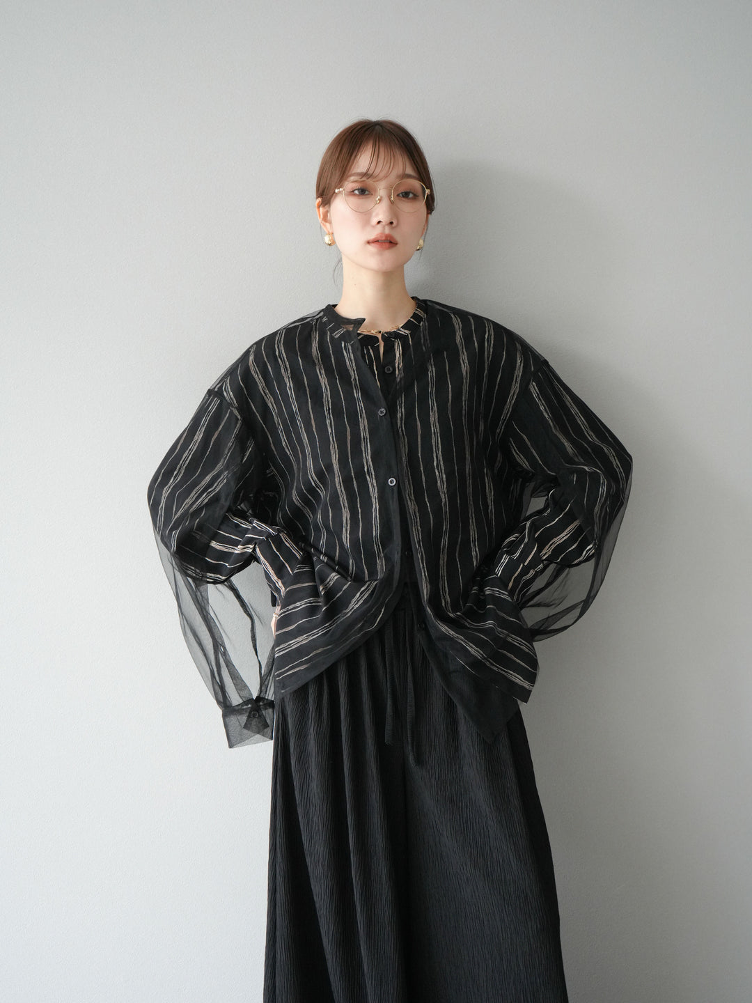 [予約]ペンタッチストライプ2WAYスリーブバンドカラーシャツ/ブラック