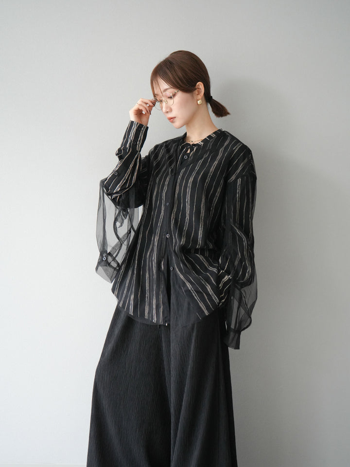 [予約]ペンタッチストライプ2WAYスリーブバンドカラーシャツ/ブラック