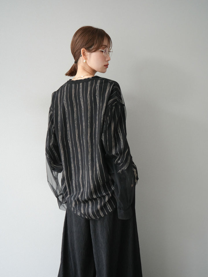 [予約]ペンタッチストライプ2WAYスリーブバンドカラーシャツ/ブラック