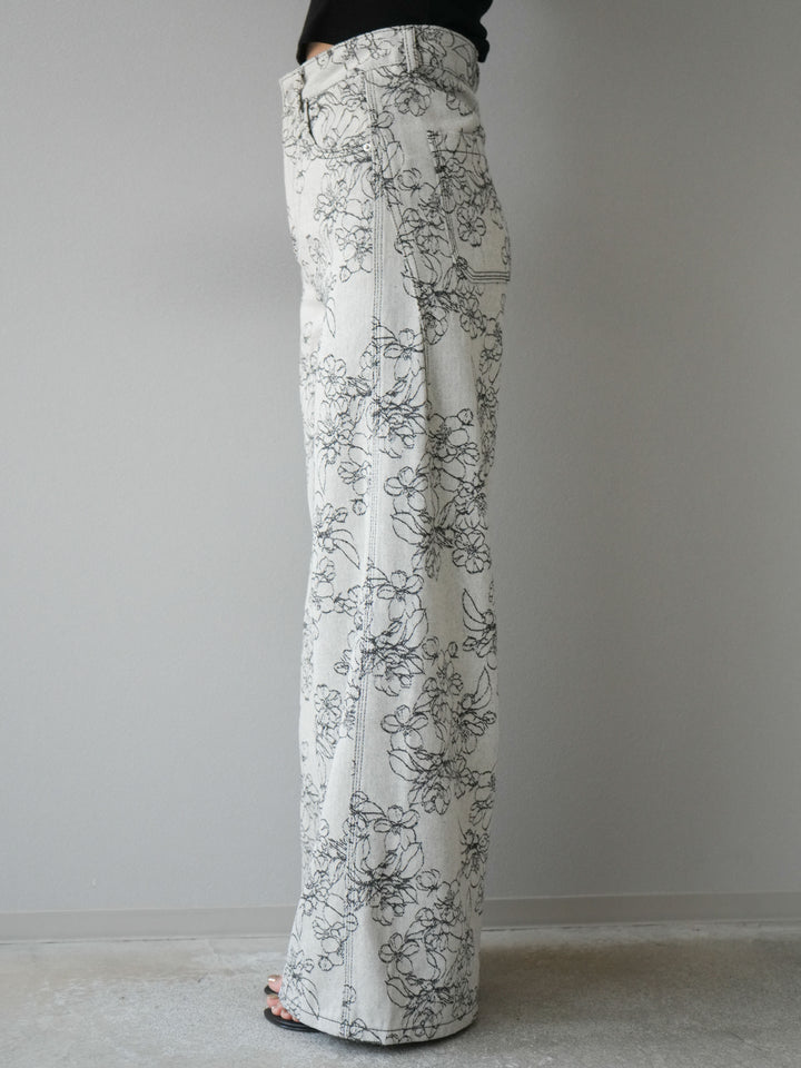 【預購】花朵提花牛仔寬褲/黑