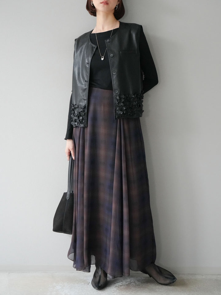 [予約]カットソー付シアーチェックフレアタックスカート/ブラック