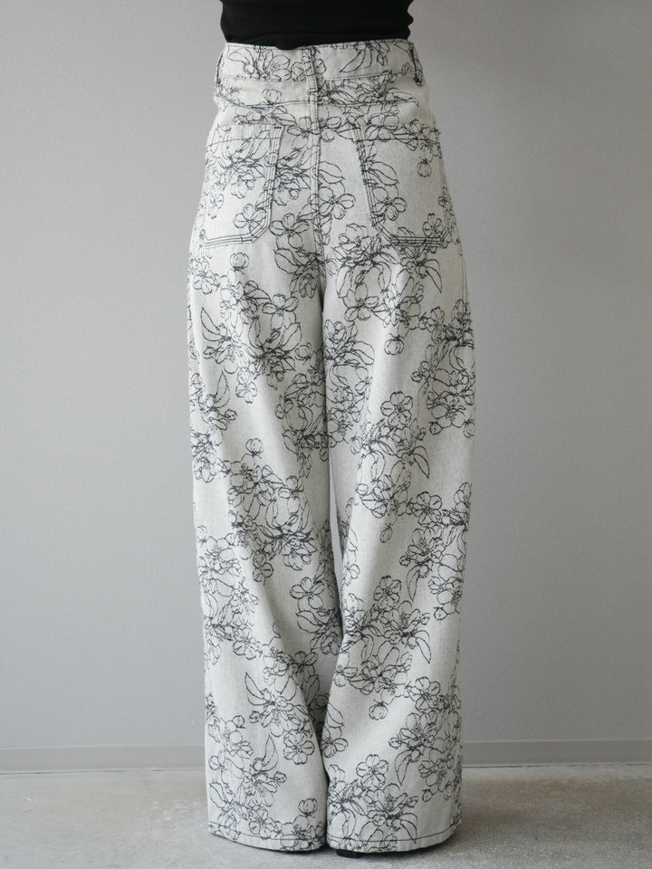 【預購】花朵提花牛仔寬褲/黑