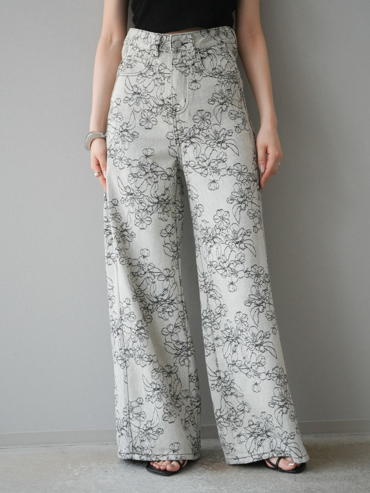 【預購】花朵提花牛仔寬褲/黑