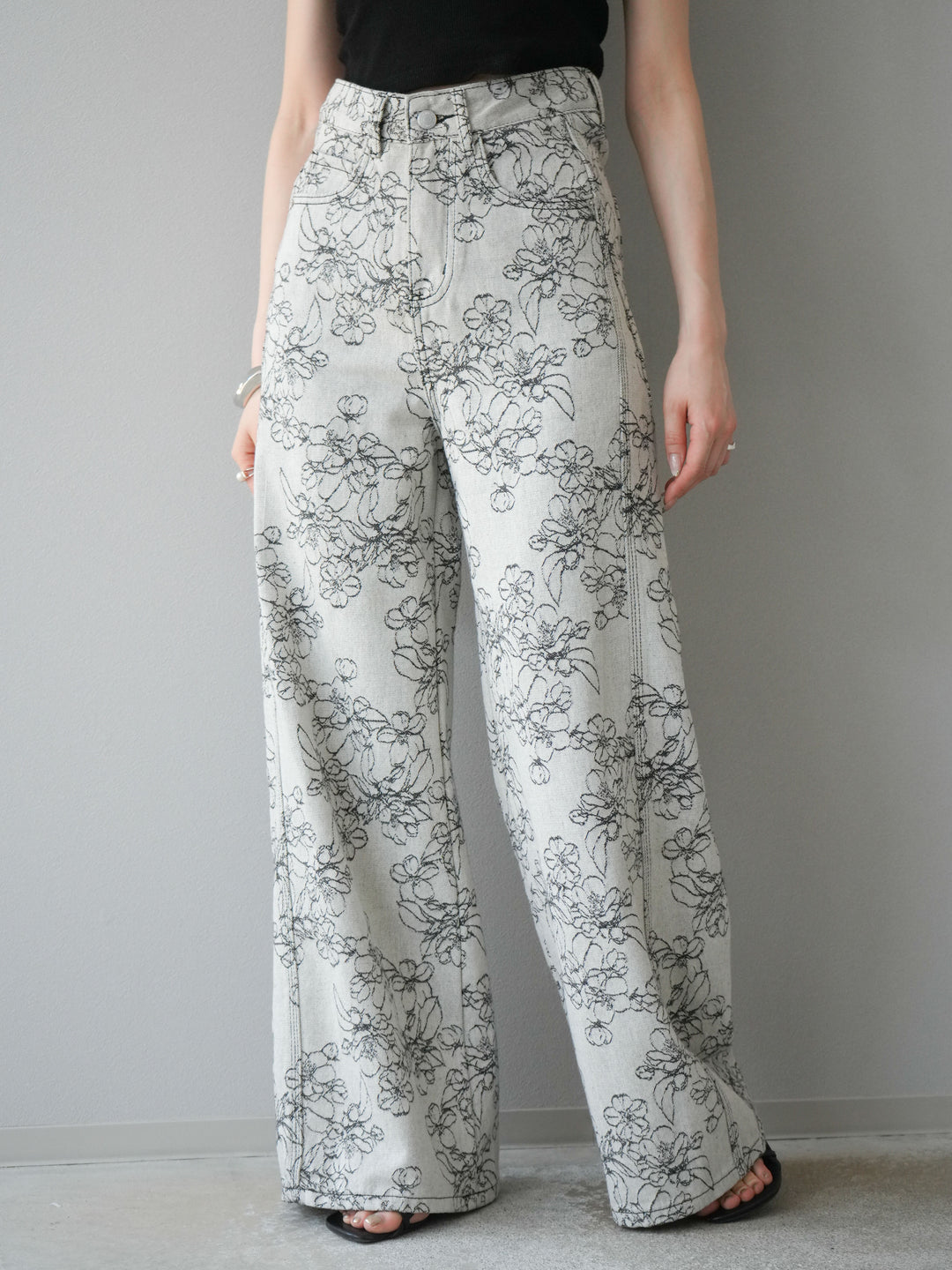 【預購】花朵提花牛仔寬褲/黑