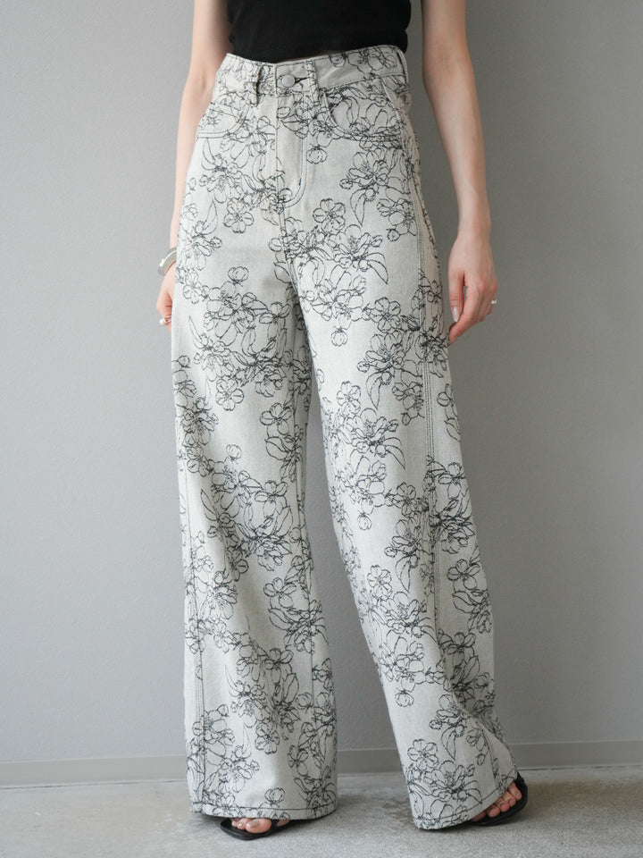 【預購】花朵提花牛仔寬褲/黑