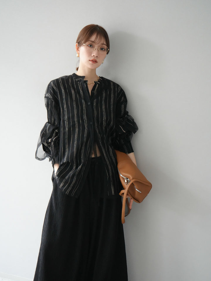 [予約]ペンタッチストライプ2WAYスリーブバンドカラーシャツ/ブラック