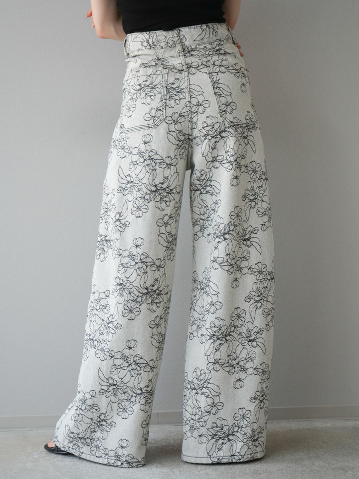 【預購】花朵提花牛仔寬褲/黑